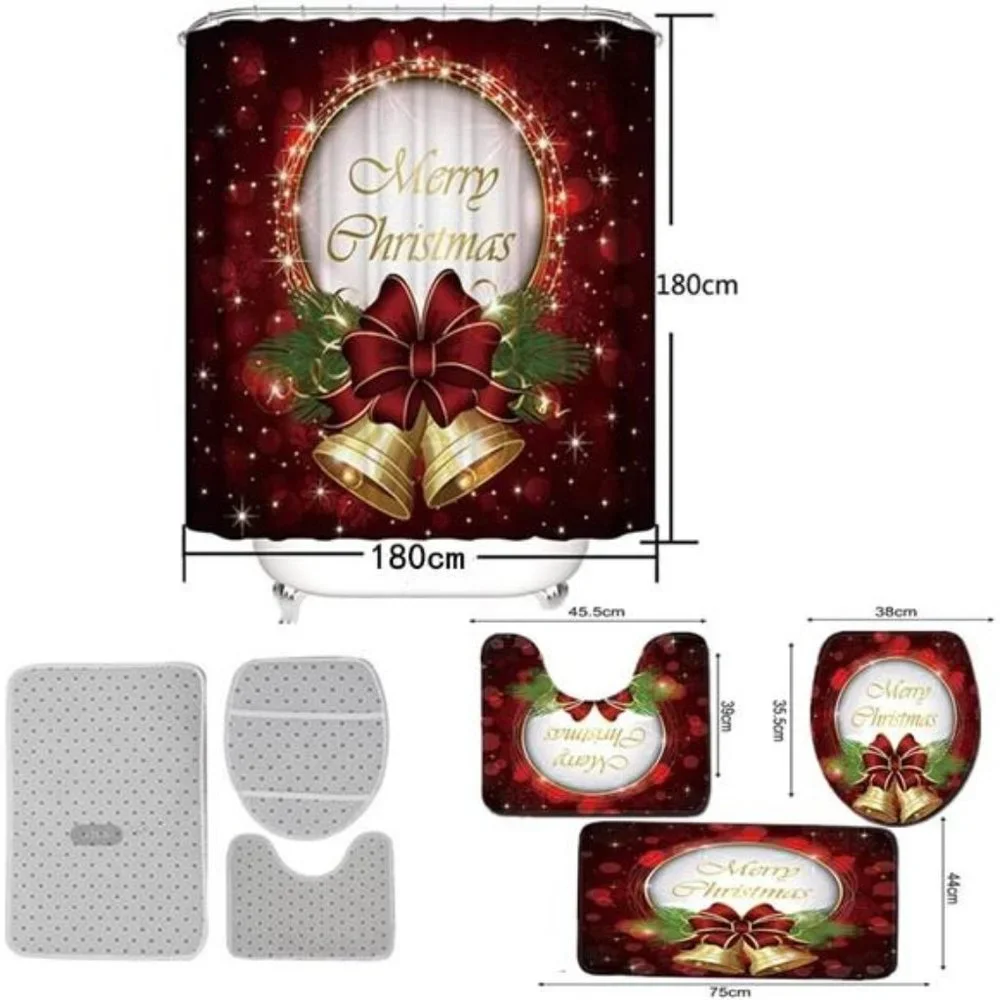 4pcs Christmas Shower Curtain Sets Holiday Bathroom Decoration